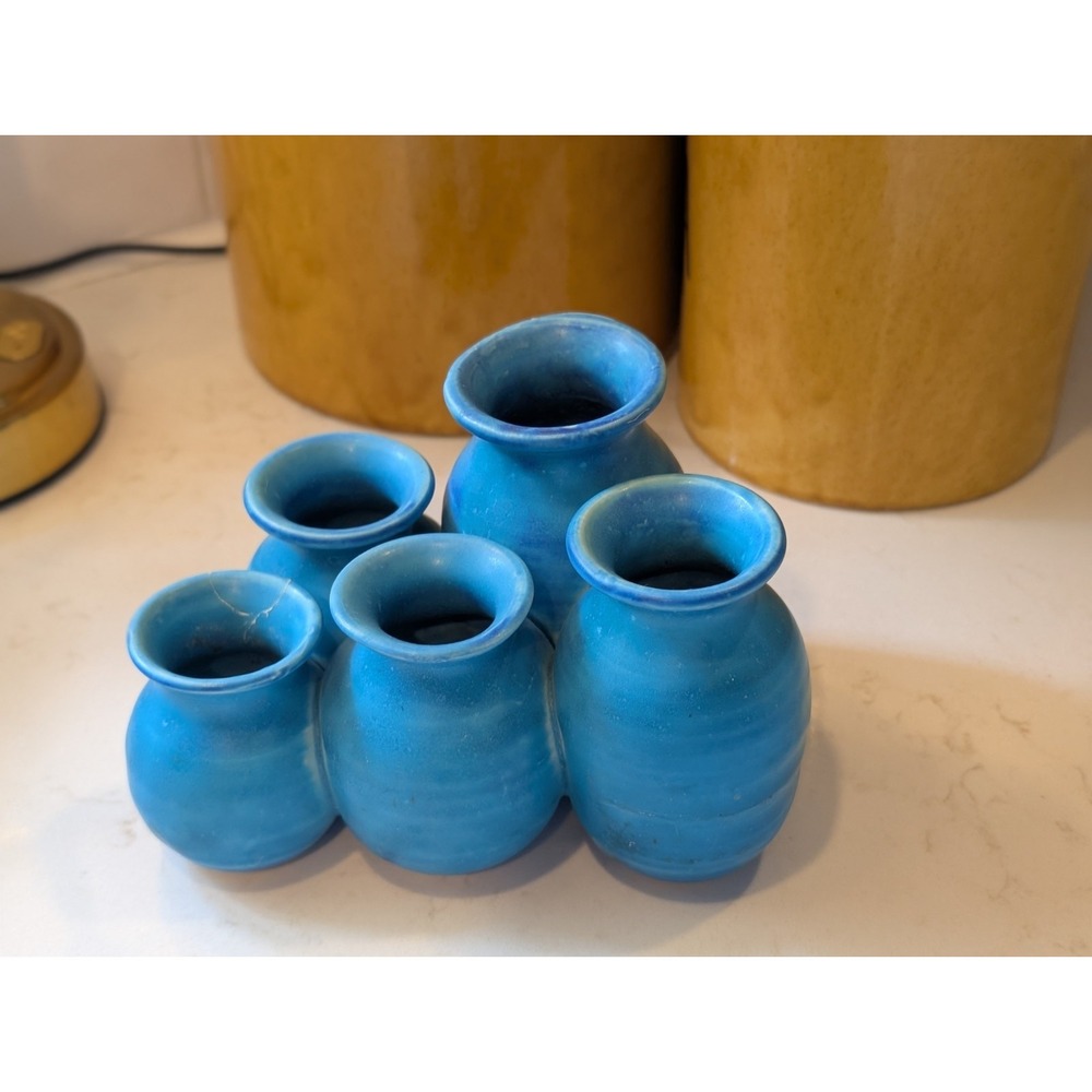 Foxlo Pottery Blue 5-Neck Fused Bud Vase - Studio Stoneware (Repaired)